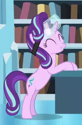 Size: 560x854 | Tagged: safe, derpibooru import, screencap, starlight glimmer, pony, unicorn, celestial advice, bipedal, bipedal leaning, cropped, cute, eyes closed, female, glimmerbetes, goggles, leaning, mare, smiling, solo