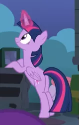 Size: 349x549 | Tagged: safe, derpibooru import, screencap, twilight sparkle, twilight sparkle (alicorn), alicorn, pony, celestial advice, bipedal, bipedal leaning, cropped, female, glowing horn, horn, leaning, mare, smiling, solo