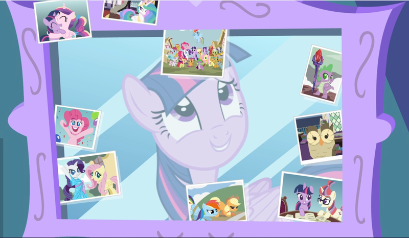 Size: 1615x941 | Tagged: safe, derpibooru import, screencap, apple bloom, applejack, big macintosh, carrot cake, cup cake, discord, fluttershy, granny smith, mayor mare, moondancer, owlowiscious, pinkie pie, princess cadance, princess celestia, rainbow dash, rarity, scootaloo, snails, snips, spike, starlight glimmer, sweetie belle, twilight sparkle, twilight sparkle (alicorn), zecora, alicorn, bird, draconequus, dragon, earth pony, owl, pegasus, pony, unicorn, zebra, celestial advice, bloodstone scepter, book, bound wings, cropped, female, filly, filly twilight sparkle, looking at each other, male, mare, mirror, picture, smiling, wings, younger