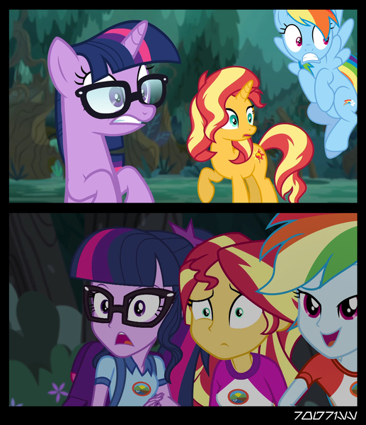 1819721 - safe, derpibooru import, edit, edited screencap, editor:teren  rogriss, screencap, rainbow dash, sci-twi, sunset shimmer, twilight  sparkle, ponified, pegasus, pony, unicorn, equestria girls, equestria girls  series, legend of everfree, spring ...