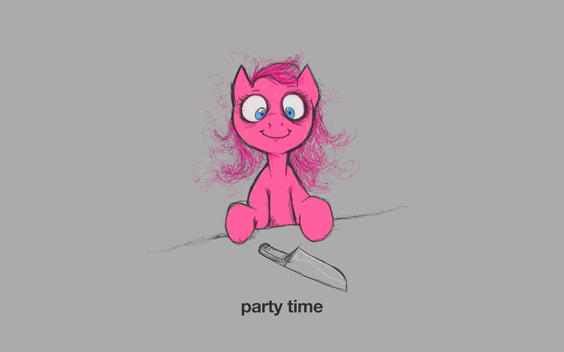 Size: 1920x1200 | Tagged: semi-grimdark, artist:darkdoomer, derpibooru import, pinkie pie, pony, gray, insanity, knife, minimalist, modern art, simple background, sketchy, solo, table, wallpaper