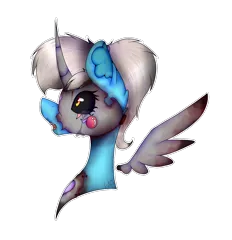 Size: 1236x1281 | Tagged: grimdark, grotesque, artist:chazmazda, derpibooru import, oc, alicorn, pony, art, black sclera, body parts, bust, cartoon, commission, commissions open, crying, digital art, fake alicorn, gore, horn, mask, portrait, screw, solo, wings