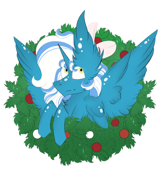 Size: 791x830 | Tagged: safe, artist:hunterthewastelander, derpibooru import, oc, oc:fleurbelle, unofficial characters only, alicorn, pony, alicorn oc, bow, bust, christmas, christmas wreath, commission, ear fluff, female, hair bow, holiday, horn, mare, simple background, smiling, solo, spread wings, transparent background, wings, wreath, ych result