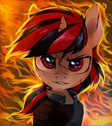Size: 1920x2160 | Tagged: safe, artist:tatykin, derpibooru import, oc, oc:blackjack, unofficial characters only, pony, unicorn, fallout equestria, fallout equestria: project horizons, blood, fanfic art, female, fire, horn, looking at you, mare, scratches, shooty look, small horn, solo, two toned mane, vault security armor