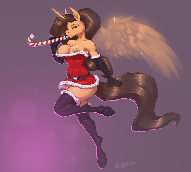 Size: 2400x2160 | Tagged: questionable, artist:reaper3d, derpibooru import, oc, oc:amiona, unofficial characters only, anthro, unguligrade anthro, unicorn, anthro oc, artificial wings, augmented, big breasts, breasts, candy, candy cane, christmas, clothes, costume, exposed breasts, female, food, gloves, holiday, licking, long gloves, long hair, magic, magic wings, mare, nipples, nudity, santa costume, sexy, sexy santa costume, shoulderless, simple background, smiling, socks, solo, solo female, stockings, thigh highs, tongue out, wings