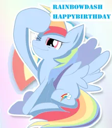 Size: 2100x2400 | Tagged: safe, artist:j5ajj, derpibooru import, rainbow dash, pegasus, pony, birthday, cute, female, happy birthday, mare, rainbow dash day, rainbow dash's birthday, salute, sitting, solo