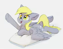 Size: 2500x1964 | Tagged: safe, artist:taneysha, derpibooru import, derpy hooves, pegasus, pony, cheek fluff, chest fluff, cute, derpabetes, ear fluff, female, leg fluff, mare, open mouth, pillow, prone, simple background, solo, white background