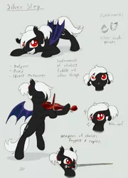 Size: 832x1156 | Tagged: safe, artist:ravenpuff, deleted from derpibooru, derpibooru import, oc, oc:silver step, unofficial characters only, bat pony, pony, bat pony oc, bat wings, bipedal, bust, eyes closed, female, looking up, mare, musical instrument, rapier, red eyes, reference sheet, slit eyes, sword, violin, weapon, wings