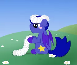 Size: 929x783 | Tagged: safe, artist:ravenpuff, deleted from derpibooru, derpibooru import, oc, oc:kiba, unofficial characters only, bat pony, pony, bat pony oc, bat wings, blush sticker, blushing, floral head wreath, flower, male, sitting, solo, stallion, wings