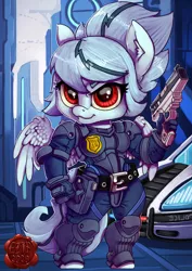 Size: 707x1000 | Tagged: anthro, artist:eztp, chibi, clothes, commission, cute, derpibooru import, gun, oc, oc:maelstrom, pegasus, police, police car, safe, unguligrade anthro, weapon, ych result