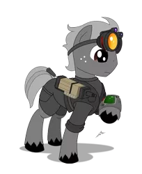 Size: 679x833 | Tagged: safe, artist:ravenpuff, deleted from derpibooru, derpibooru import, oc, oc:gear box, unofficial characters only, earth pony, pony, fallout equestria, clothes, earth pony oc, freckles, goggles, gun, male, pipbuck, raised hoof, simple background, solo, stallion, transparent background, unshorn fetlocks, weapon