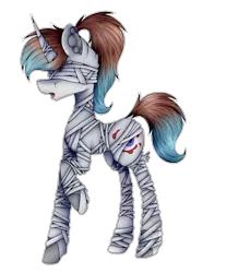 Size: 1200x1442 | Tagged: safe, artist:chazmazda, derpibooru import, oc, unofficial characters only, pony, unicorn, art, bandage, blindfold, cartoon, commission, commissions open, digital art, dock, ear fluff, fullbody, horn, mummy, raised hoof, simple background, solo, transparent background, wings