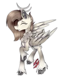 Size: 1245x1541 | Tagged: semi-grimdark, artist:chazmazda, derpibooru import, oc, unofficial characters only, deer, deer pony, original species, pegadeer, pony, art, broken leg, cartoon, chest fluff, cloven hooves, commission, commissions open, digital art, ear fluff, eyes closed, fullbody, gritted teeth, horns, raised hoof, shade, simple background, solo, transparent background, unshorn fetlocks, wings, x-ray