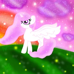 Size: 1000x1000 | Tagged: alicorn, artist:katya, cloud, derpibooru import, dew, grass, insect, princess celestia, safe, sparkles, stars, sun, sunrise, young