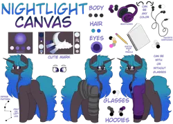 Size: 1024x738 | Tagged: safe, artist:midnightamber, derpibooru import, oc, oc:nightlight canvas, pony, unicorn, clothes, earbuds, glasses, gradient hair, gradient mane, gradient tail, headphones, hoodie, pencil, reference sheet, simple background, sketch book, solo, spots, striped hoodie, transparent background