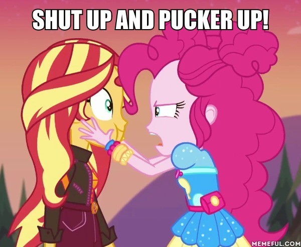 Size: 600x492 | Tagged: safe, derpibooru import, edit, edited screencap, screencap, pinkie pie, sunset shimmer, equestria girls, equestria girls series, sunset's backstage pass!, spoiler:eqg series (season 2), caption, cropped, face grab, female, image macro, lesbian, meme, music festival outfit, shipping, sunsetpie, text