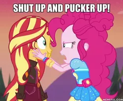 Size: 600x492 | Tagged: safe, derpibooru import, edit, edited screencap, screencap, pinkie pie, sunset shimmer, equestria girls, equestria girls series, sunset's backstage pass!, spoiler:eqg series (season 2), caption, cropped, face grab, female, image macro, lesbian, meme, music festival outfit, shipping, sunsetpie, text