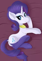 Size: 3031x4420 | Tagged: safe, artist:sethisto, derpibooru import, rarity, pony, unicorn, bed, clothes, dock, female, jewelry, mare, side, smiling, socks, solo
