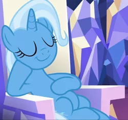 Size: 1004x938 | Tagged: safe, derpibooru import, screencap, trixie, pony, unicorn, all bottled up, cropped, eyes closed, female, friendship throne, mare, sitting, smug, solo