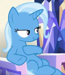 Size: 818x938 | Tagged: safe, derpibooru import, screencap, trixie, pony, unicorn, all bottled up, cropped, female, friendship throne, lidded eyes, mare, sitting, smiling, smug, solo