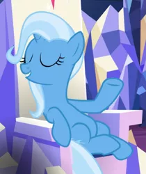 Size: 689x819 | Tagged: safe, derpibooru import, screencap, trixie, pony, unicorn, all bottled up, cropped, eyes closed, female, friendship throne, mare, sitting, smiling, smug, solo, underhoof