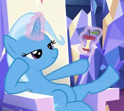 Size: 985x886 | Tagged: safe, derpibooru import, screencap, trixie, pony, unicorn, all bottled up, apple core, cropped, female, friendship throne, glowing horn, horn, levitation, lidded eyes, magic, mare, sitting, smiling, smug, solo, telekinesis