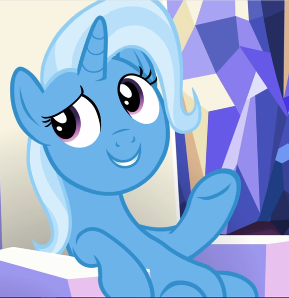 Size: 914x940 | Tagged: safe, derpibooru import, screencap, trixie, pony, unicorn, all bottled up, cropped, female, friendship throne, mare, raised hoof, sitting, smiling, solo, underhoof