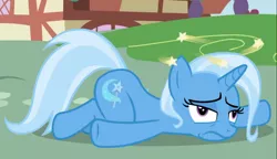 Size: 1394x803 | Tagged: safe, derpibooru import, screencap, trixie, pony, unicorn, all bottled up, circling stars, cropped, derp, dizzy, female, mare, prone, solo, underhoof