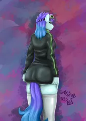 Size: 2894x4093 | Tagged: suggestive, artist:mik3thestrange, derpibooru import, oc, oc:raven mcchippy, anthro, earth pony, clothes, female, goggles, socks, solo, thigh highs
