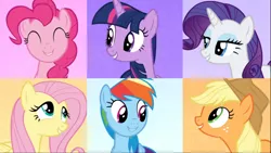 Size: 1666x938 | Tagged: safe, derpibooru import, screencap, applejack, fluttershy, pinkie pie, rainbow dash, rarity, twilight sparkle, twilight sparkle (alicorn), alicorn, earth pony, pegasus, pony, unicorn, all bottled up, best friends until the end of time, cropped, cute, eyes closed, female, freckles, group, lidded eyes, looking at each other, mane six, mare, smiling