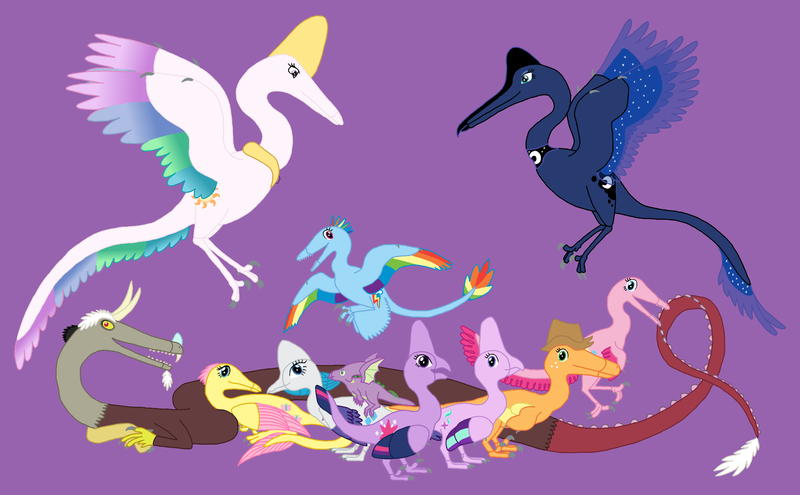 Size: 1923x1189 | Tagged: applejack, artist:albertonykus, derpibooru import, dinosaur, dinosaurified, discord, fluttershy, mane seven, mane six, maniraptor, my little maniraptor, pinkie pie, princess celestia, princess luna, purple background, rainbow dash, rarity, safe, simple background, species swap, spike, starlight glimmer, twilight sparkle