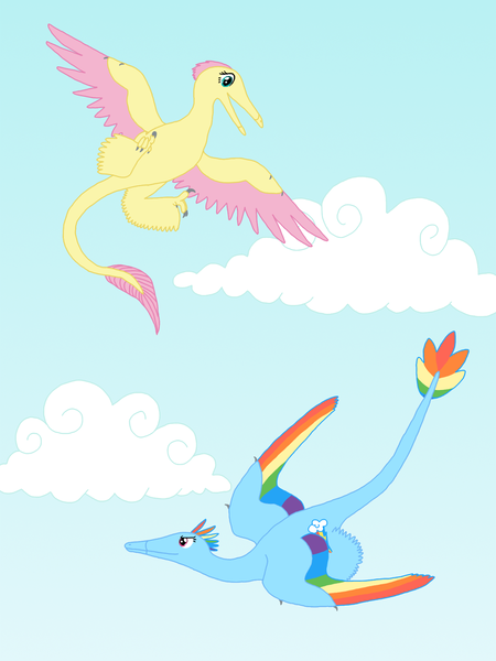 Size: 1125x1500 | Tagged: artist:albertonykus, derpibooru import, dinosaur, dinosaurified, fluttershy, maniraptor, my little maniraptor, rainbow dash, safe, species swap