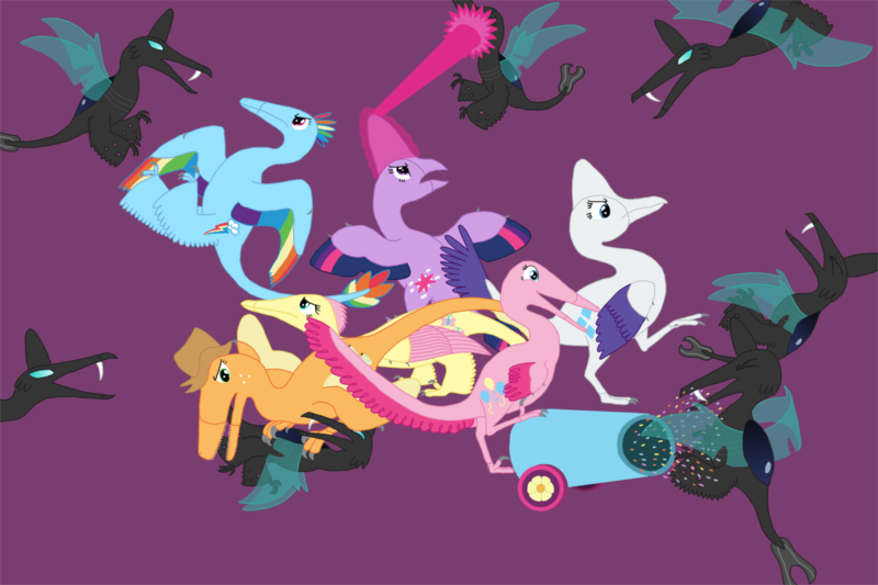 Size: 1500x1000 | Tagged: applejack, artist:albertonykus, changeling, derpibooru import, dinosaur, dinosaurified, fluttershy, mane six, maniraptor, my little maniraptor, pinkie pie, rainbow dash, rarity, safe, species swap, twilight sparkle