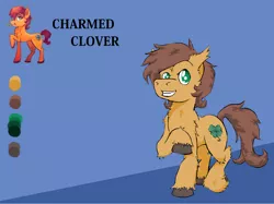 Size: 1414x1058 | Tagged: safe, artist:lucas_gaxiola, derpibooru import, oc, oc:charmed clover, unofficial characters only, earth pony, pony, clover, duo, earth pony oc, fluffy, four leaf clover, grin, male, mouth hold, reference sheet, smiling, stallion, unshorn fetlocks