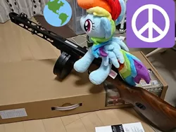 Size: 1440x1080 | Tagged: safe, artist:omegapony16, derpibooru import, rainbow dash, pegasus, pony, airsoft, earth, female, globe, gun, irl, mare, peace symbol, photo, plushie, ppsh-41, solo, weapon