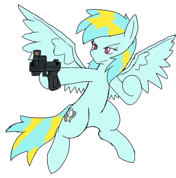 Size: 2025x2048 | Tagged: safe, alternate version, artist:omegapony16, derpibooru import, oc, oc:oriponi, unofficial characters only, pegasus, pony, bipedal, colored, female, gun, hoof hold, mare, pegasus oc, simple background, smiling, smirk, solo, weapon, white background, wings