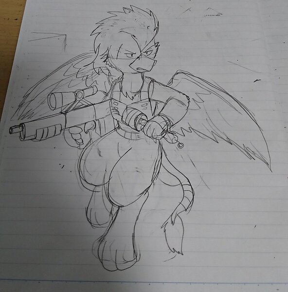 Size: 1080x1095 | Tagged: safe, artist:omegapony16, derpibooru import, oc, unofficial characters only, gryphon, armor, clothes, griffon oc, gun, lined paper, soldier, solo, traditional art, vest, weapon