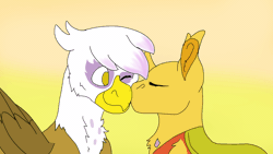 Size: 1920x1080 | Tagged: safe, artist:euspuche, derpibooru import, gilda, oc, oc:ren the changeling, changedling, changeling, gryphon, animated, canon x oc, commission, cute, frame by frame, gilren, kissing, looking at each other, ych result, yellow changeling