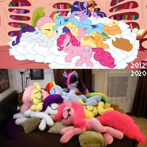 Size: 1680x1680 | Tagged: safe, artist:electronvolt, artist:kp-shadowsquirrel edits, artist:ponimalion, derpibooru import, applejack, fluttershy, pinkie pie, rainbow dash, rarity, twilight sparkle, earth pony, pegasus, pony, unicorn, bed, cuddle puddle, cuddling, cute, defictionalization, golden oaks library, irl, library, mane six, photo, pillow, pony pile, sleeping, weapons-grade cute