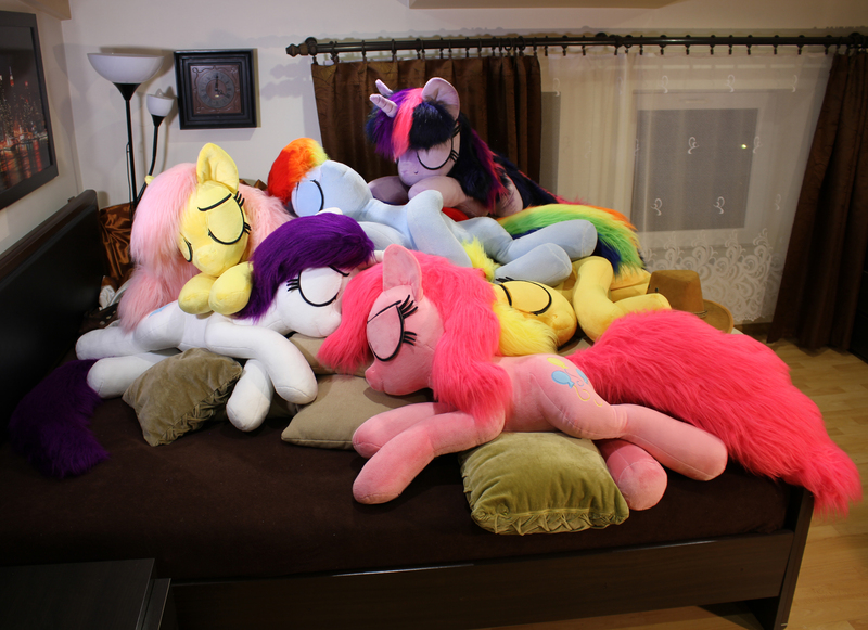 Size: 4759x3456 | Tagged: applejack, artist:ponimalion, bed, cuddle puddle, cuddling, cute, derpibooru import, fluttershy, irl, mane six, photo, pillow, pinkie pie, pony pile, rainbow dash, rarity, safe, sleeping, twilight sparkle, weapons-grade cute