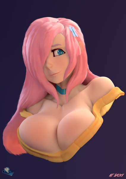 Size: 2160x3056 | Tagged: safe, artist:hooves-art, derpibooru import, fluttershy, bat pony, human, 3d, 4k, big breasts, breasts, bust, busty fluttershy, cleavage, clothes, female, flutterbat, huge breasts, humanized, maya, mudbox, race swap, solo, sweater, sweater puppies, sweatershy