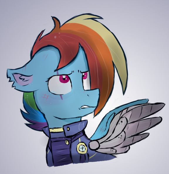 Size: 576x594 | Tagged: safe, artist:honneymoonmlp, derpibooru import, rainbow dash, pegasus, pony, alternate timeline, amputee, apocalypse dash, artificial wings, augmented, crystal war timeline, female, mare, prosthetic limb, prosthetic wing, prosthetics, solo, sombraverse, torn ear, wings