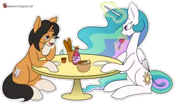 Size: 1499x886 | Tagged: safe, artist:teabucket, deleted from derpibooru, derpibooru import, princess celestia, oc, oc:winter quill, alicorn, unicorn, date, female, glasses, male, mare, patreon, patreon logo, potion, simple background, stallion, transparent background