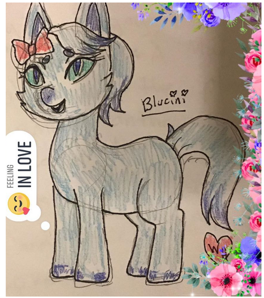 Size: 730x824 | Tagged: artist:watercolorheart, bow, cheek fluff, derpibooru import, emoji, flower, oc, oc:blucini, safe, solo, traditional art, unofficial characters only
