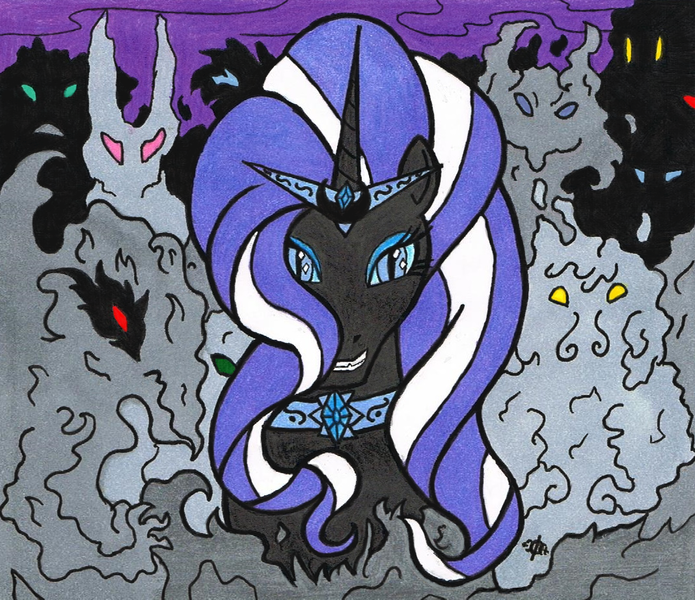 Size: 1068x922 | Tagged: safe, artist:assertiveshypony, derpibooru import, idw, jerome, larry, nightmare rarity, rarity, shadowfright, pony, unicorn, spoiler:comic, female, looking at you, makeup, male, mixed media, moon creature, shadows, smiling