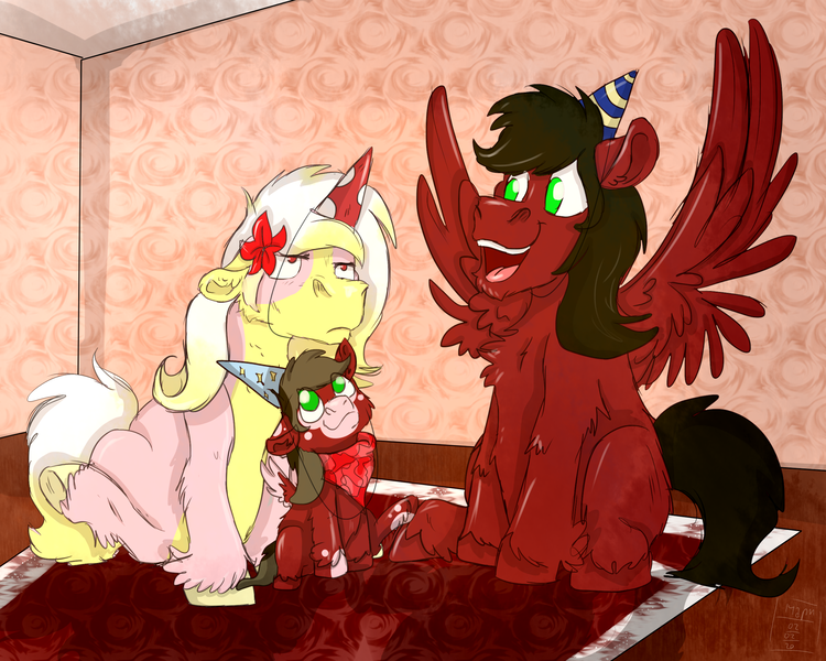 Size: 2500x2000 | Tagged: angry, artist:euspuche, birthday, birthday hats, caroud, derpibooru import, female, filly, grumpy, happy, looking at each other, oc, oc:carmen garcía, oc:cloud rider, oc:naiv nein, offspring, open mouth, parent:oc:carmen garcía, parent:oc:cloud rider, parents:caroud, parents:oc x oc, pegasus, safe, smiling, wings