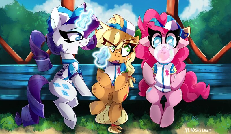 Size: 2048x1191 | Tagged: safe, artist:nekosnicker, derpibooru import, part of a set, applejack, pinkie pie, rarity, earth pony, pony, unicorn, baseball, baseball cap, baseball jersey, bench, bubblegum, cap, clothes, eye clipping through hair, female, food, gum, hat, jersey, magic, mare, scenery, sitting, smiling, sports, telekinesis, trio