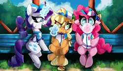 Size: 2048x1191 | Tagged: safe, artist:nekosnicker, derpibooru import, part of a set, applejack, pinkie pie, rarity, earth pony, pony, unicorn, baseball, baseball cap, baseball jersey, bench, bubblegum, cap, clothes, eye clipping through hair, female, food, gum, hat, jersey, magic, mare, scenery, sitting, smiling, sports, telekinesis, trio