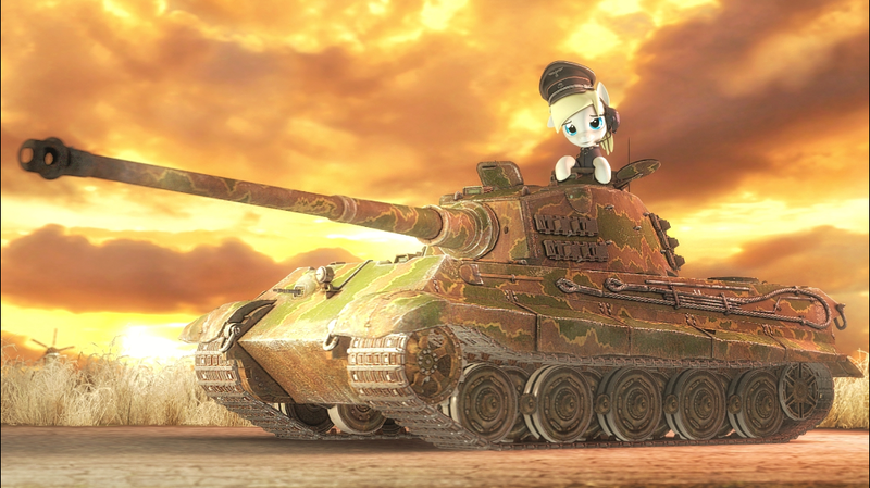 Size: 1052x591 | Tagged: safe, artist:urgent coffee, derpibooru import, oc, oc:aryanne, earth pony, pony, 3d, aryan pony, blonde, clothes, hat, king tiger, looking at you, nazi, nazipone, panzer, source filmmaker, tank (vehicle), tiger (tank), tiger ii, uniform, world war ii