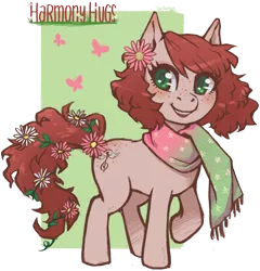 Size: 2786x2904 | Tagged: safe, artist:taytinabelle, derpibooru import, oc, oc:harmony hugs, unofficial characters only, earth pony, pony, blushing, clothes, cute, female, flower, flower in hair, flower in tail, freckles, green background, green eyes, heart eyes, looking at you, mare, raised hoof, red hair, scarf, secret santa, simple background, solo, spring, transparent background, wingding eyes